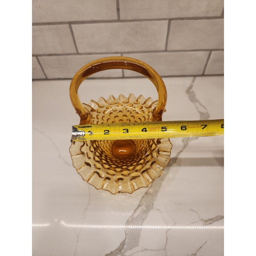 Fenton Vintage Amber Hobnail Glass Basket Ruffled Crimped Edges - Picture 9 of 9